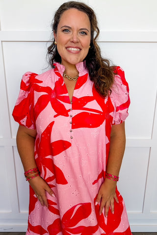 Southern Eyelet Details Pink Midi Dress