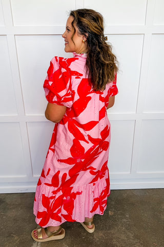 Southern Eyelet Details Pink Midi Dress
