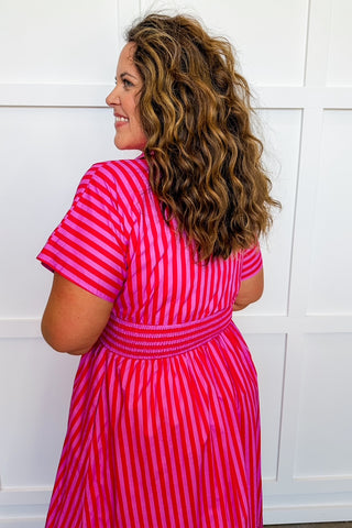 Best Selling Krissy Zip-up Maxi Stripe Dress in Hot Pink Red Stripes