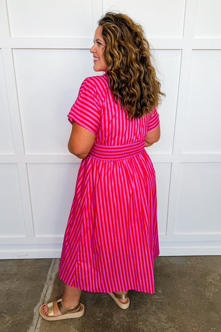 Best Selling Krissy Zip-up Maxi Stripe Dress in Hot Pink Red Stripes