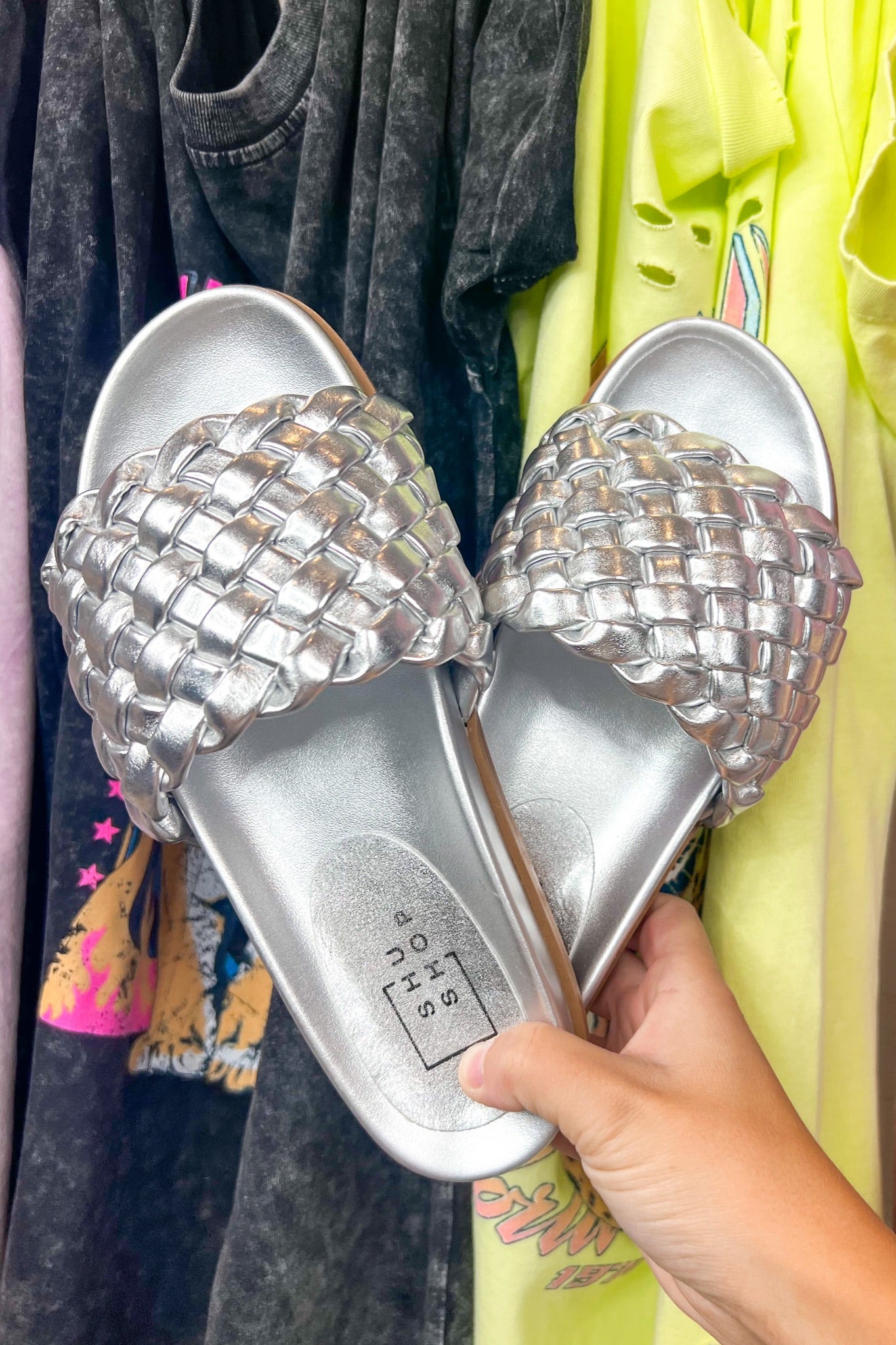 Metallic Woven Slip-On ShuShop Sandals in Silver