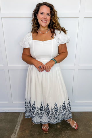 Ivory Tide Sweetheart Neck Navy Embroidered Hem Midi Dress