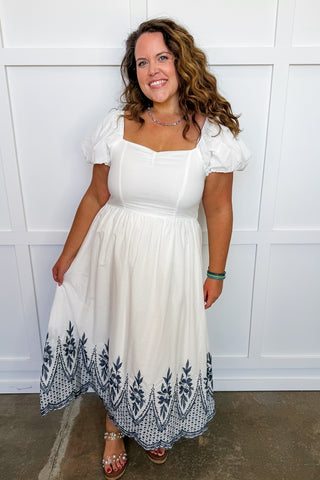 Ivory Tide Sweetheart Neck Navy Embroidered Hem Midi Dress