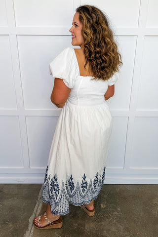 Ivory Tide Sweetheart Neck Navy Embroidered Hem Midi Dress