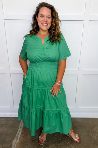 Elegance Smocked Midi Dress in Green Jules & James Boutique Elegance Smocked Midi Dress in Green Jules & James Boutique