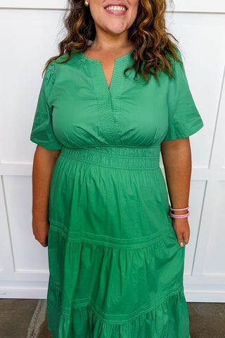 Elegance Smocked Midi Dress in Green