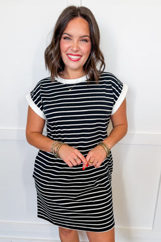 Hot Pink Deal - Classic Stripe T-Shirt Dress in Black