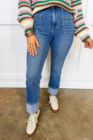 High Rise Medium Wash Slim Straight Jeans