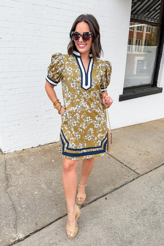 Olive Green & Navy Floral Short Dress