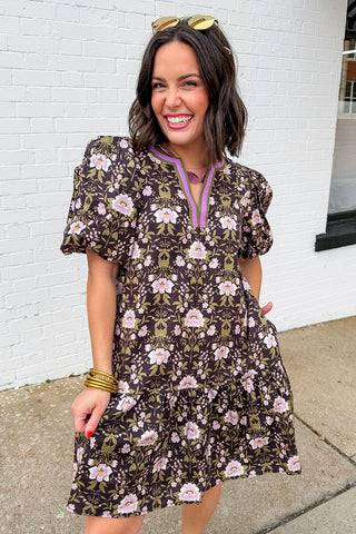 Flirty & Floral Purple Puff Sleeve Short Dress