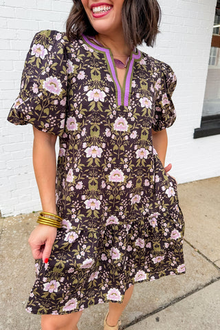 Flirty & Floral Purple Puff Sleeve Short Dress