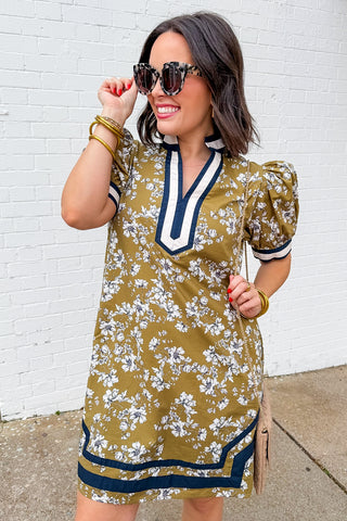 Olive Green & Navy Floral Short Dress