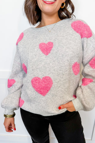 Sweetheart Dreams Knit Sweater in Silver & Pink