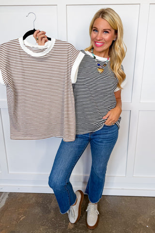 Hot Pink Deal - Stripe Rolled Sleeve Top in Black