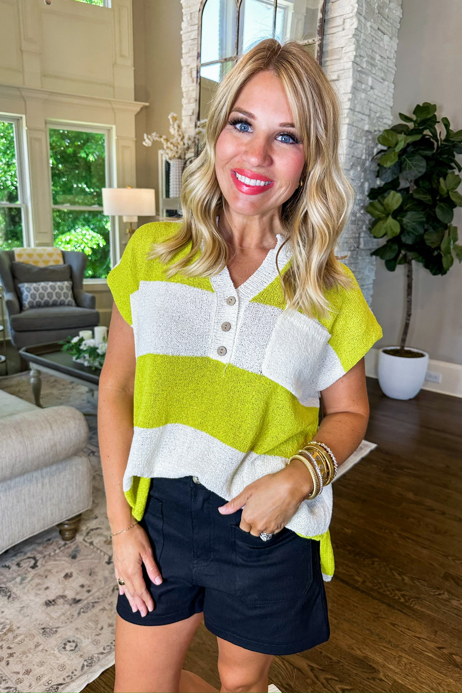 Knit V Neck Button Detail Striped Top in Lime