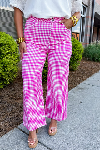 The Samantha Gingham Wide Leg Pants in Strawberry Pink