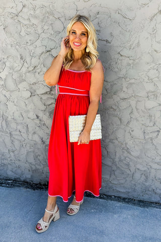 Pink Trim Tie Beaded Strap Pocketed Midi Dress in Red