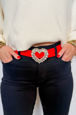 Glitz Heart Buckle Belt in Red