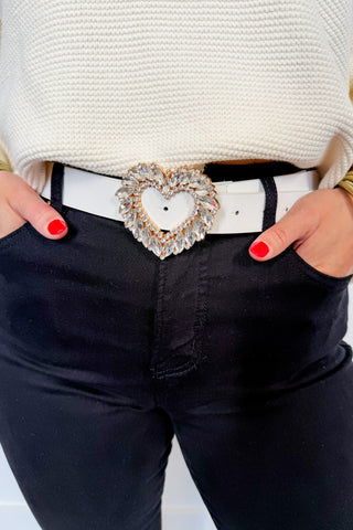 Glitz Heart Buckle Belt in White