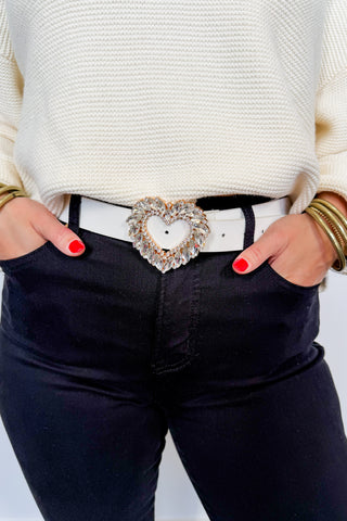 Glitz Heart Buckle Belt in White