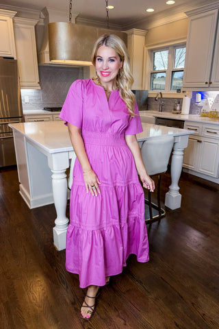 J&J Best Seller - Smocked Elegance Midi Dress in Mauve Pink