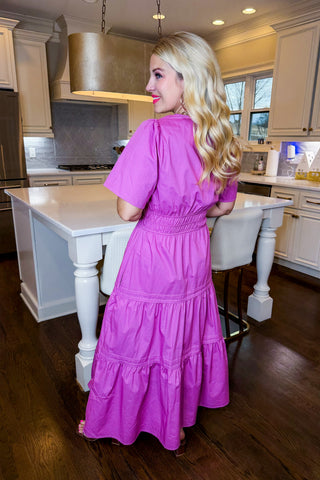 J&J Best Seller - Smocked Elegance Midi Dress in Mauve Pink