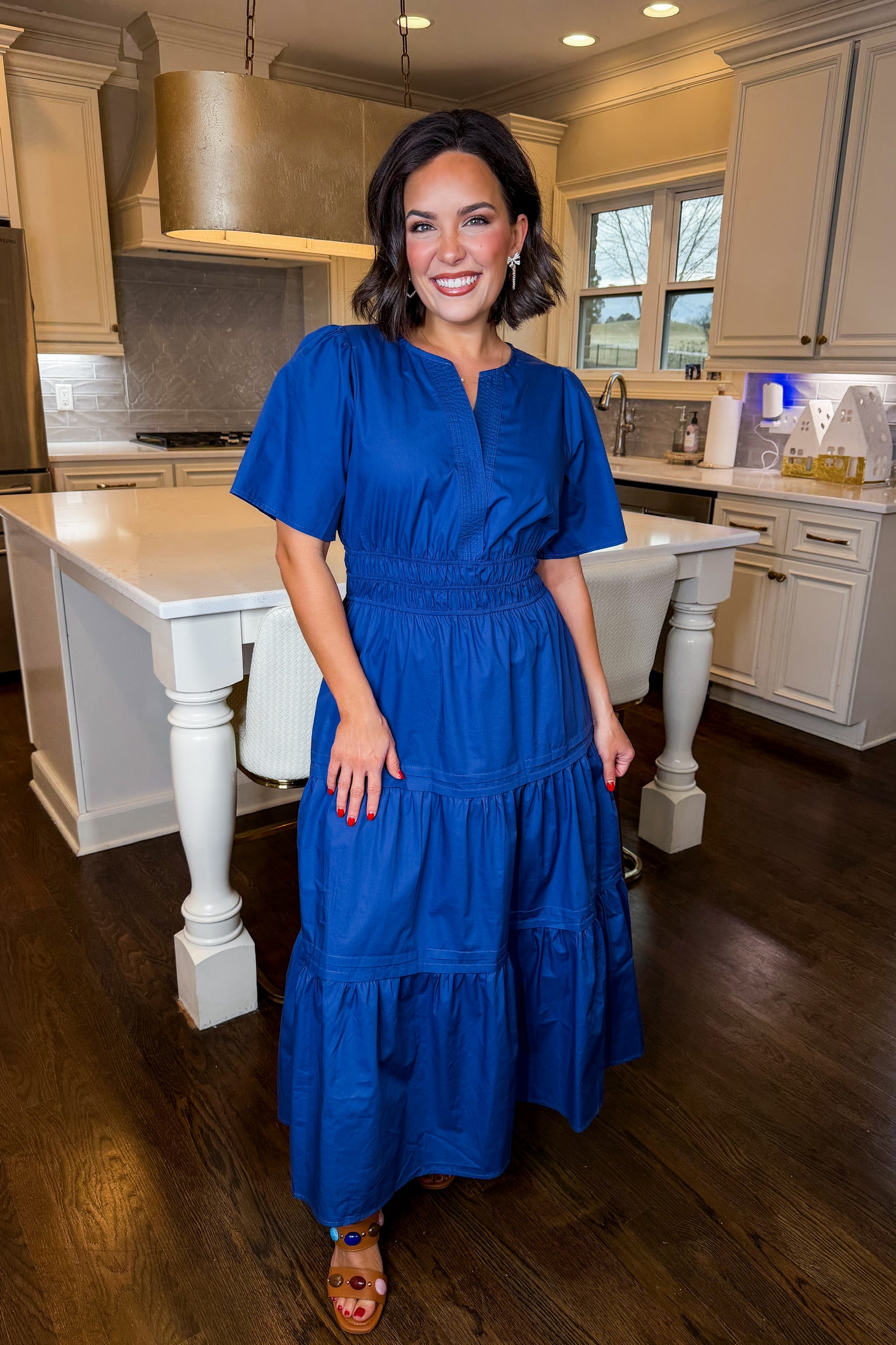 Elegance Smocked Midi Dress in Navy Small Elegance Smocked Midi Dress in Navy Small