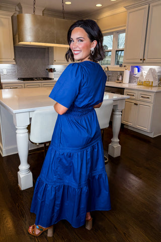 Elegance Smocked Midi Dress in Navy