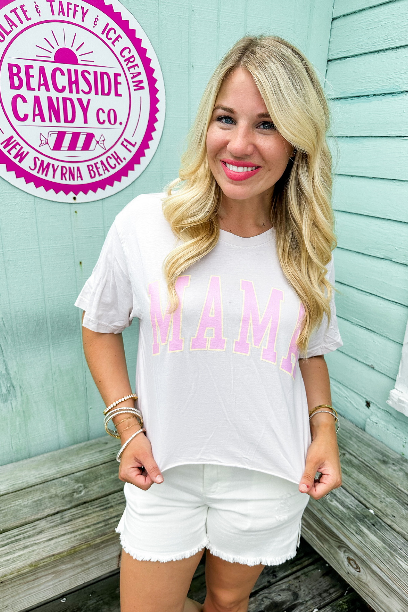 MAMA Pink Lettering Cropped Graphic Tee in Light Taupe