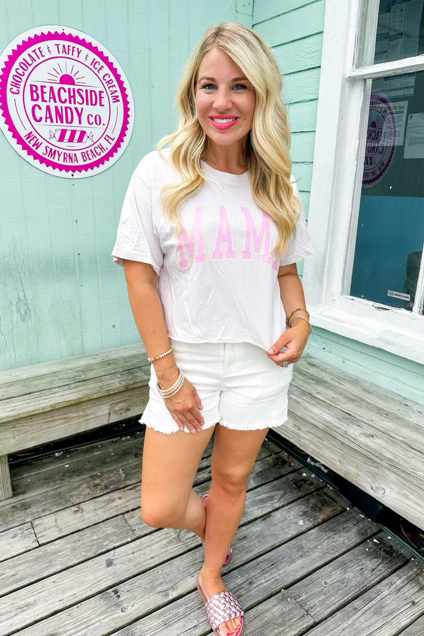 MAMA Pink Lettering Cropped Graphic Tee in Light Taupe