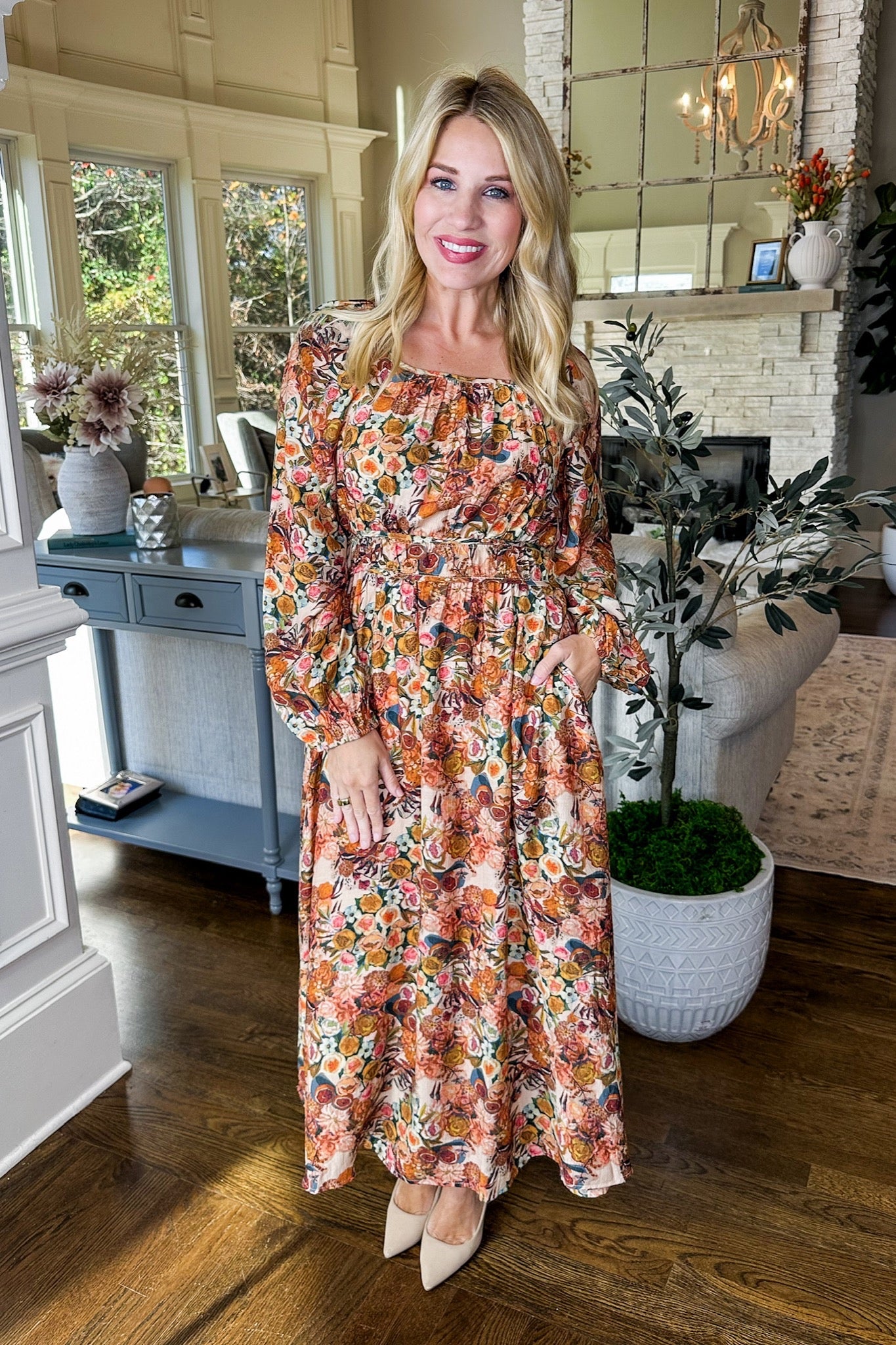 Painted Fruit & Floral Square Neck Pocketed Maxi Dress