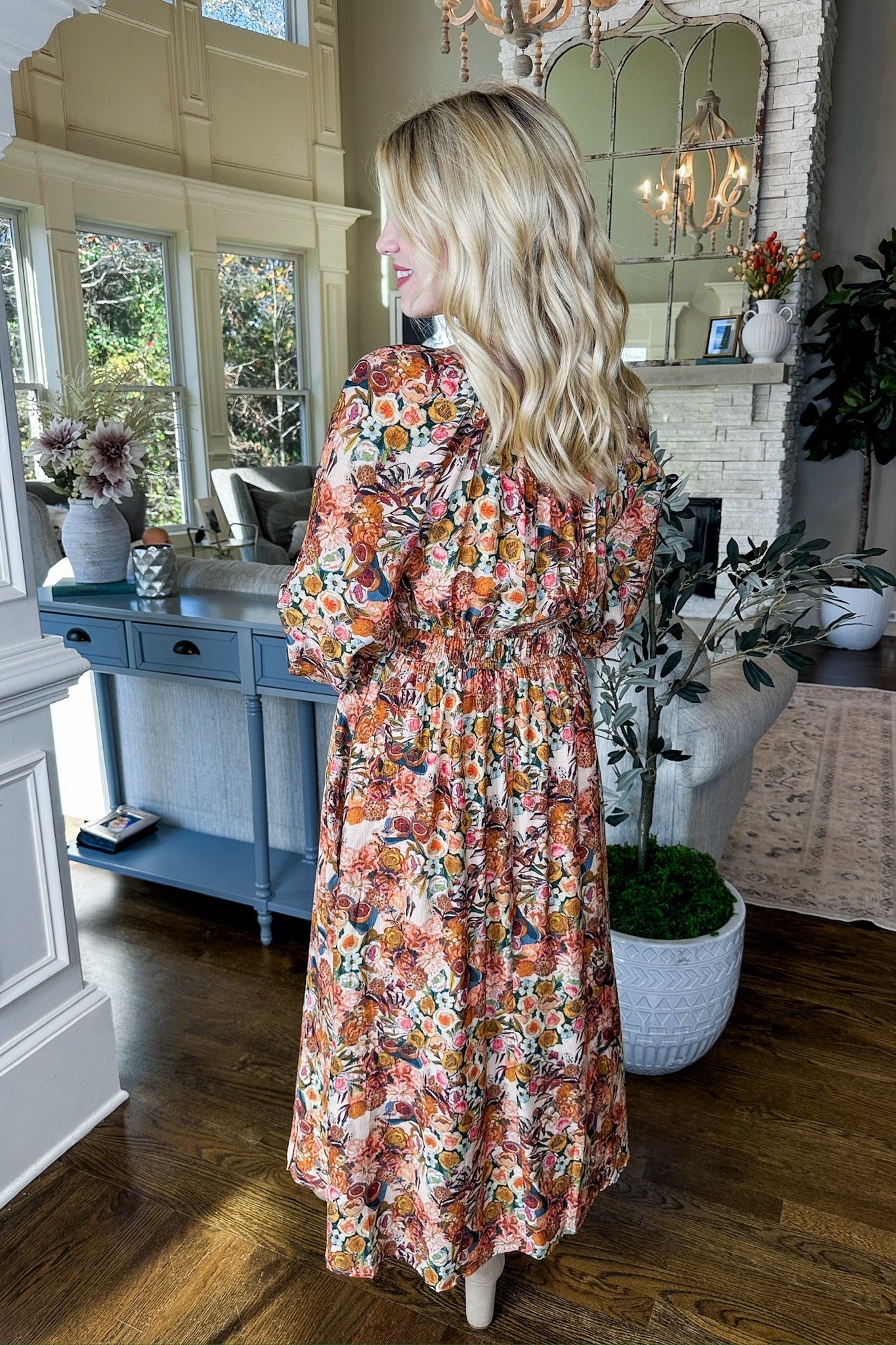 Painted Fruit & Floral Square Neck Pocketed Maxi Dress