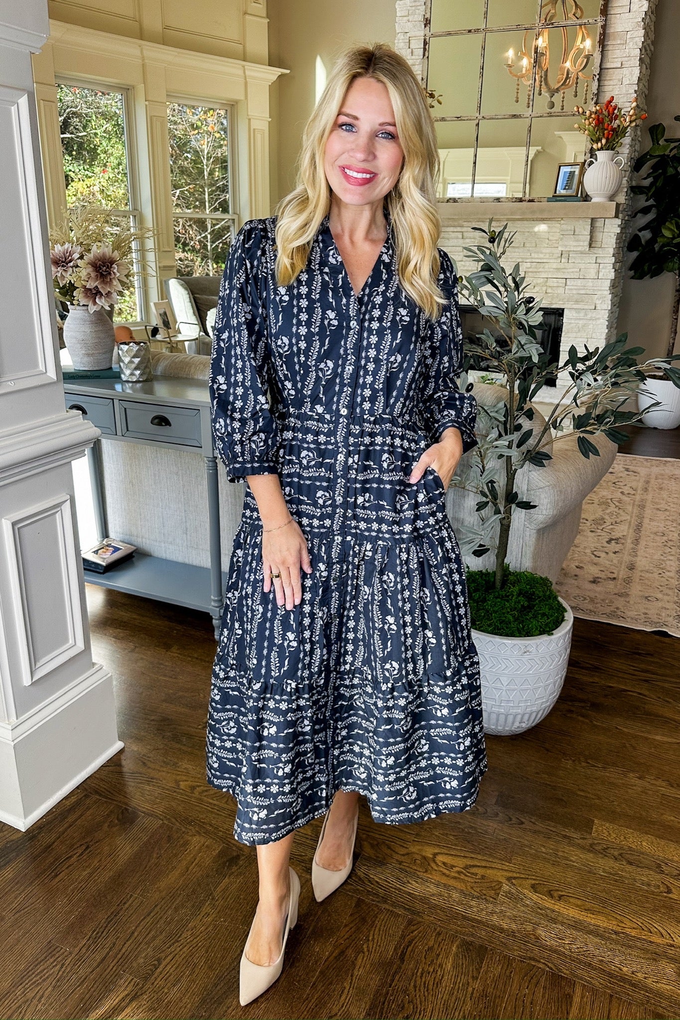 Floral Stripe Navy Poplin Button Down Tiered Midi Dress