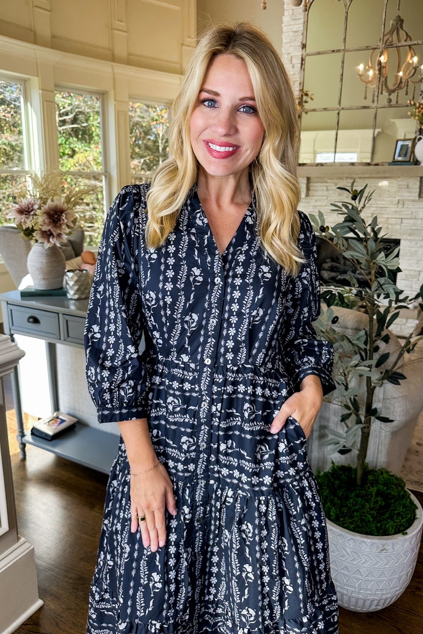 Floral Stripe Navy Poplin Button Down Tiered Midi Dress