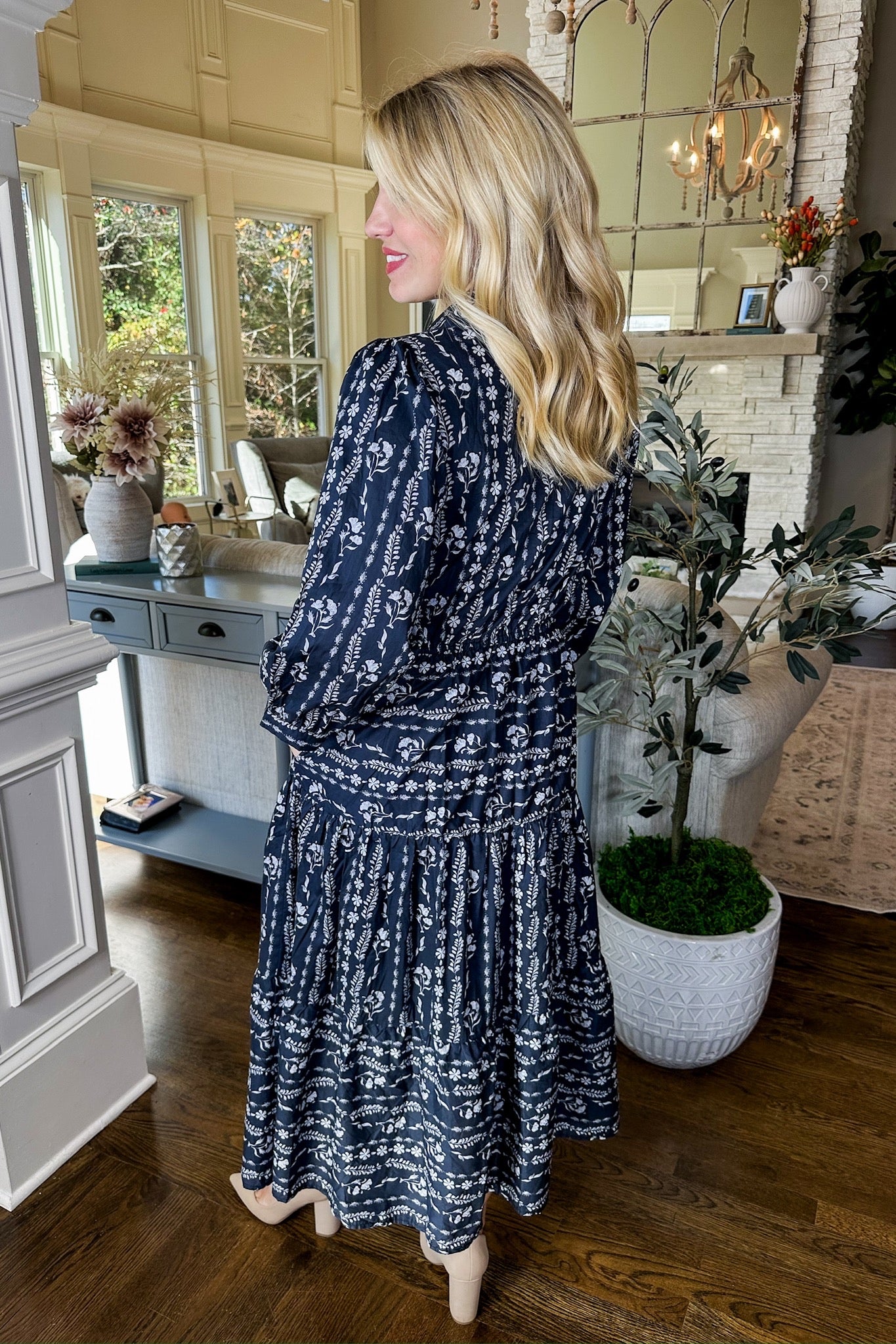 Floral Stripe Navy Poplin Button Down Tiered Midi Dress