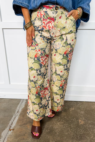 Botanical Brushstroke Wide Leg Pants in Olive