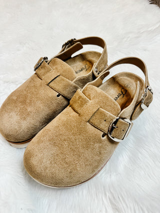 The Clog Buckle Slide in Taupe