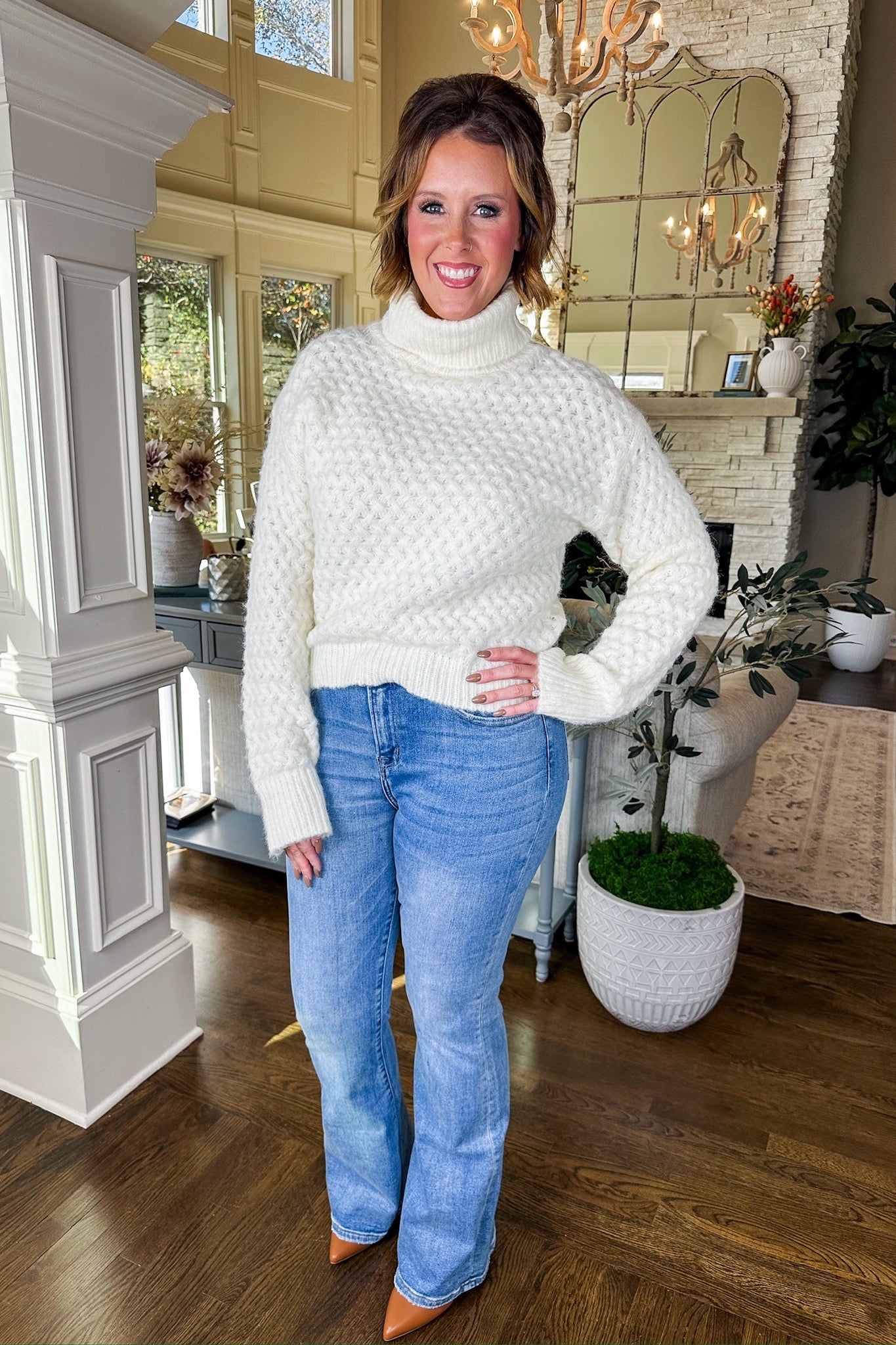 Cozy Soft Woven Knit Ribbed Turtleneck Sweater in Cream