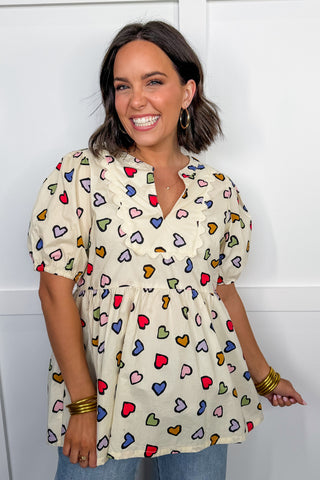 Hot Pink Deal - Conversation Heart V Neck Ric Rac Trim Poplin Top