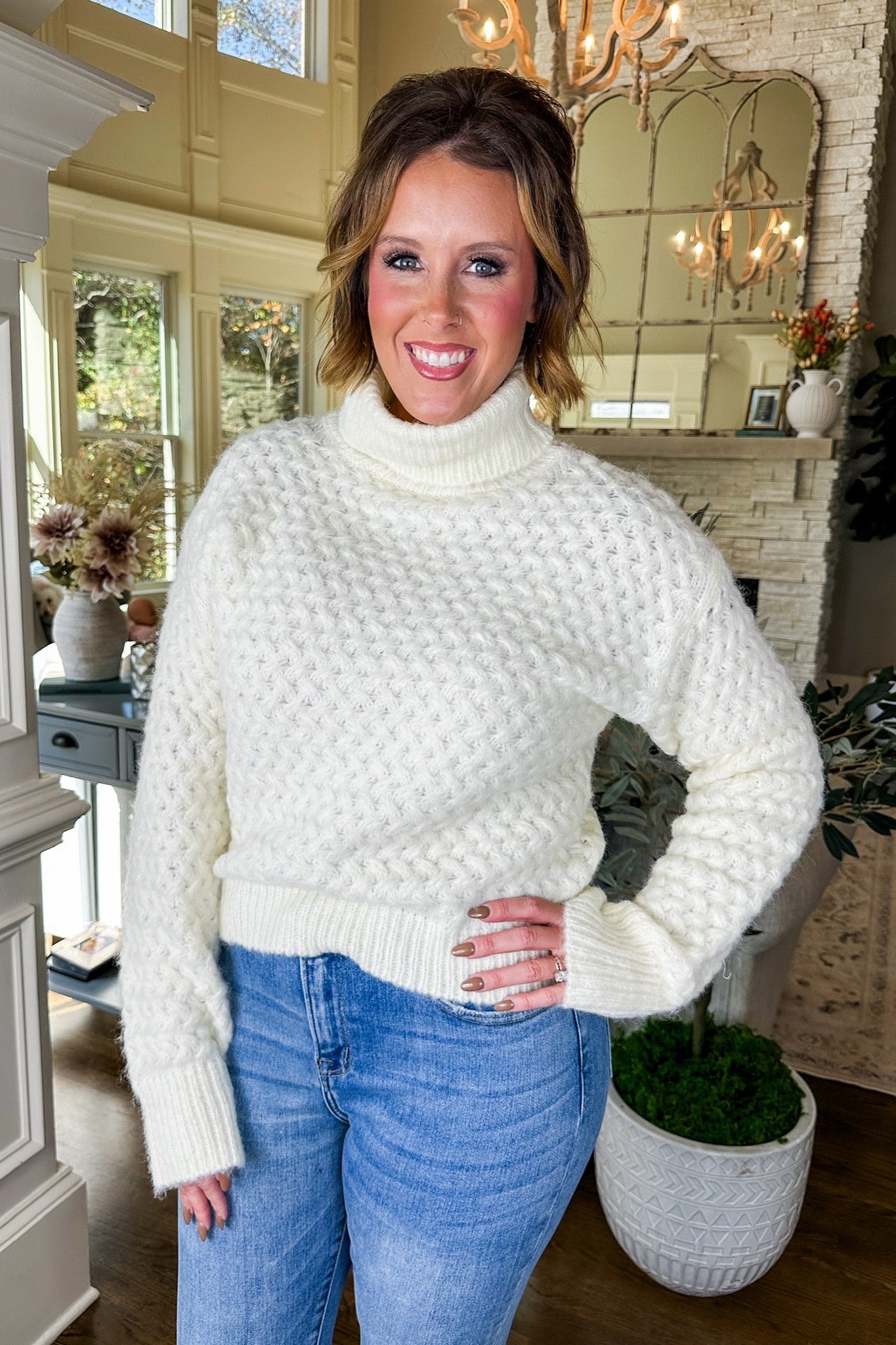 Cozy Soft Woven Knit Ribbed Turtleneck Sweater in Cream