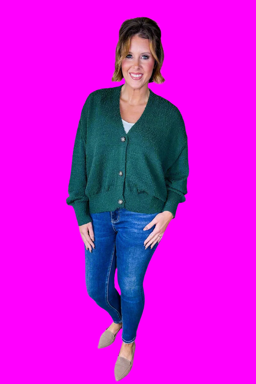 Exposed Seam V Neck Button Sweater Cardigan in Dark Green