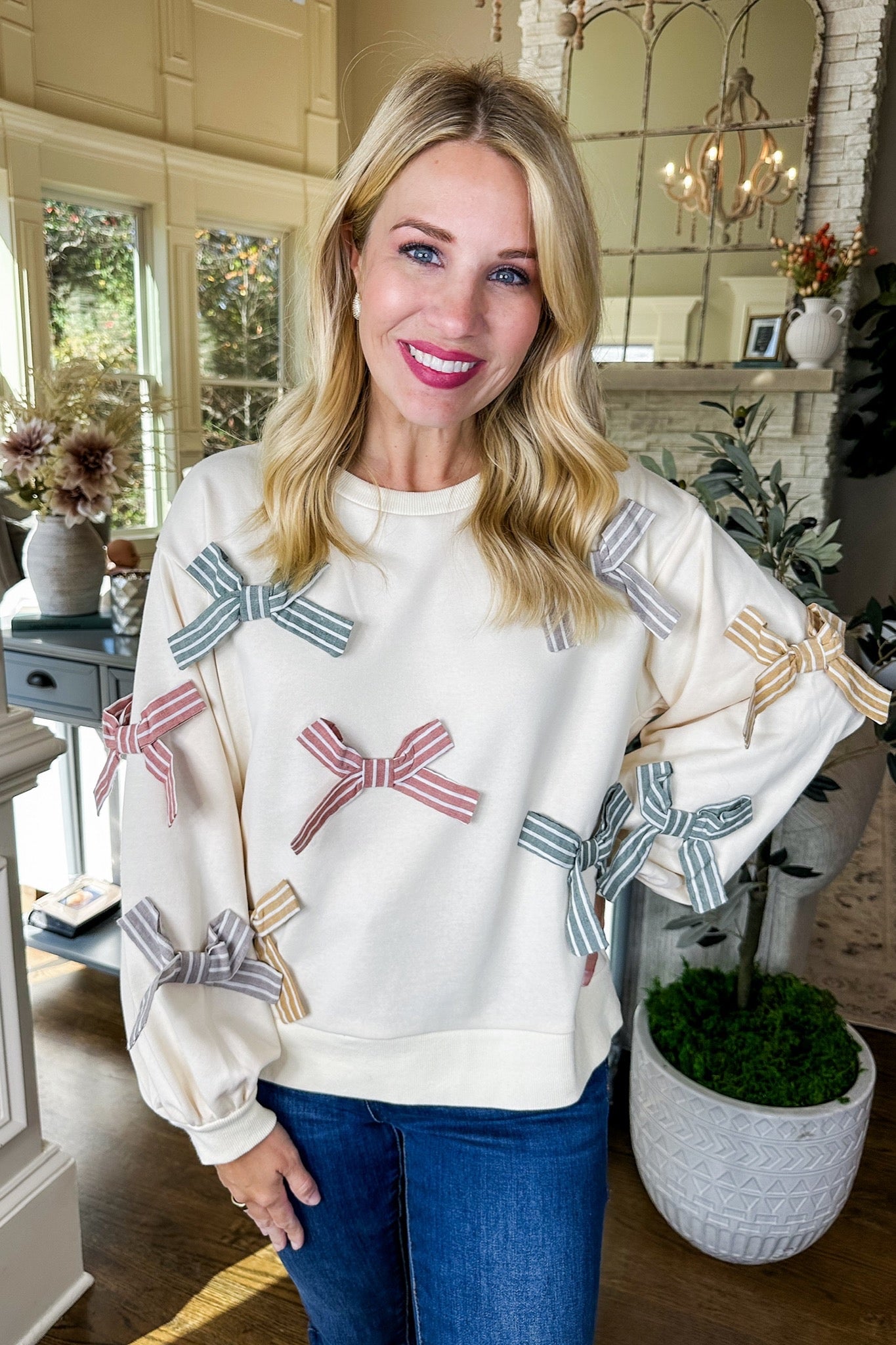 Multi Color Pin Stripe Coquette Bow Cream Sweatshirt