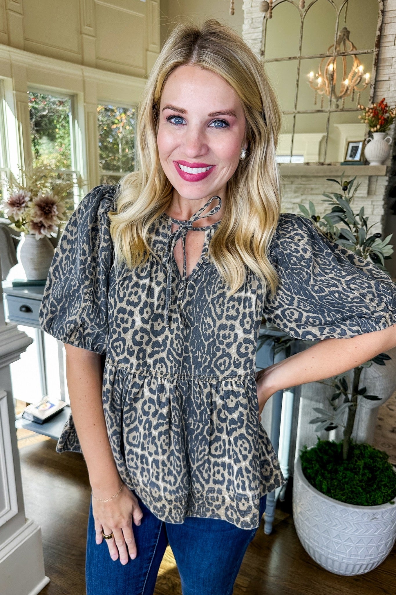 Leopard Tie Neck Denim Tiered Babydoll Top