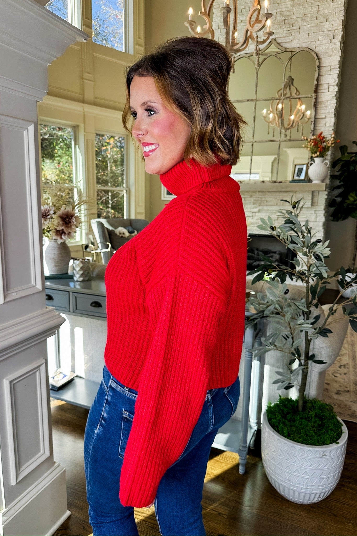 Turtleneck Ribbed Knit Red Cropped Sweater