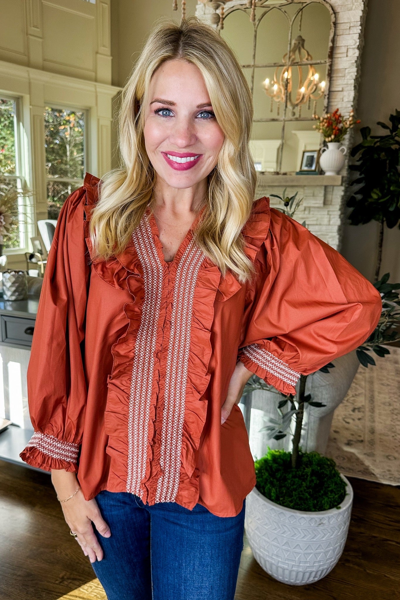 Smocked Ruffle Collared Statement Top in Rust