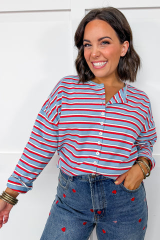 The Piper Cardigan In Red, White, & Blue Stripes