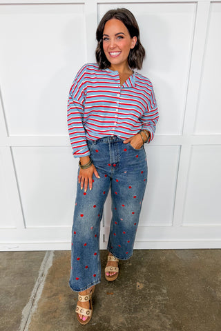 The Piper Cardigan In Red, White, & Blue Stripes