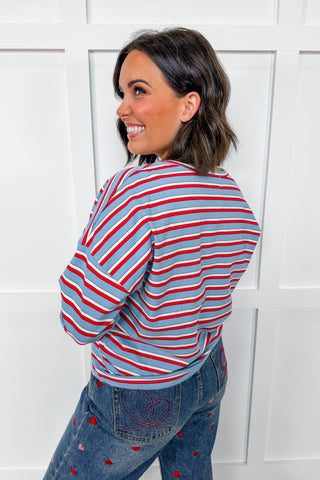 The Piper Cardigan In Red, White, & Blue Stripes