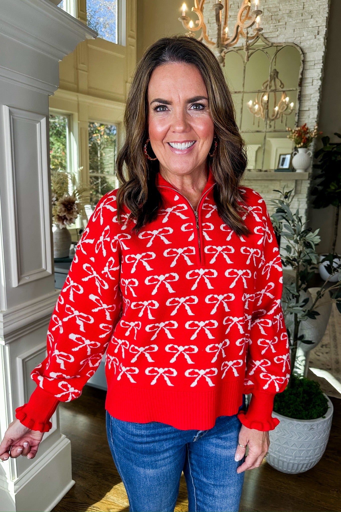 White Coquette Bow Half Zip Ruffle Sleeve Red Pullover