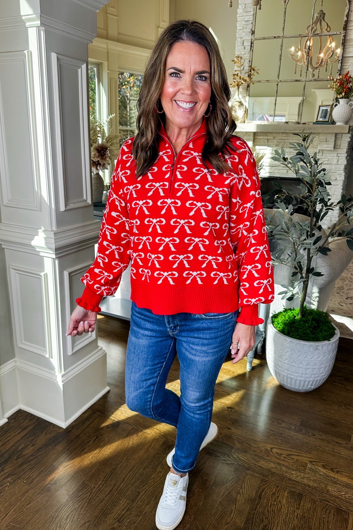 White Coquette Bow Half Zip Ruffle Sleeve Red Pullover